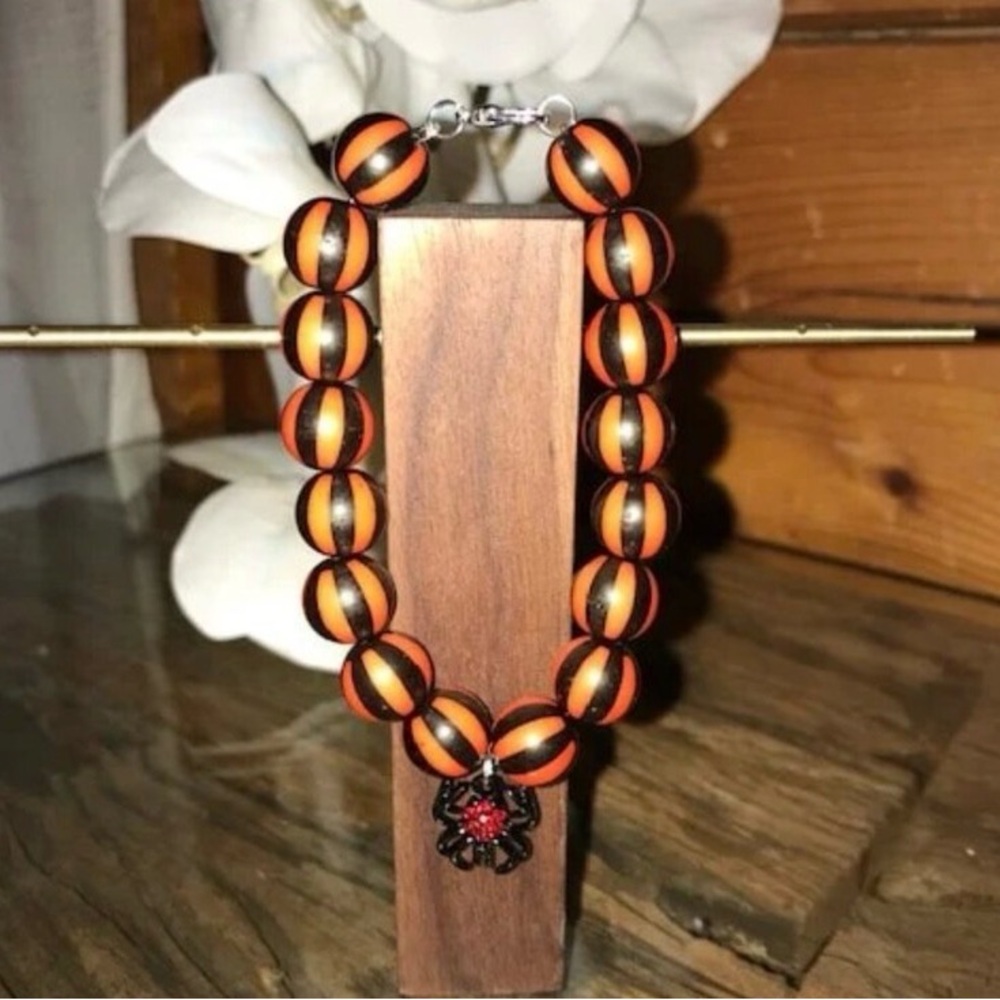 Orange and Black Bracelet with Spider Charm